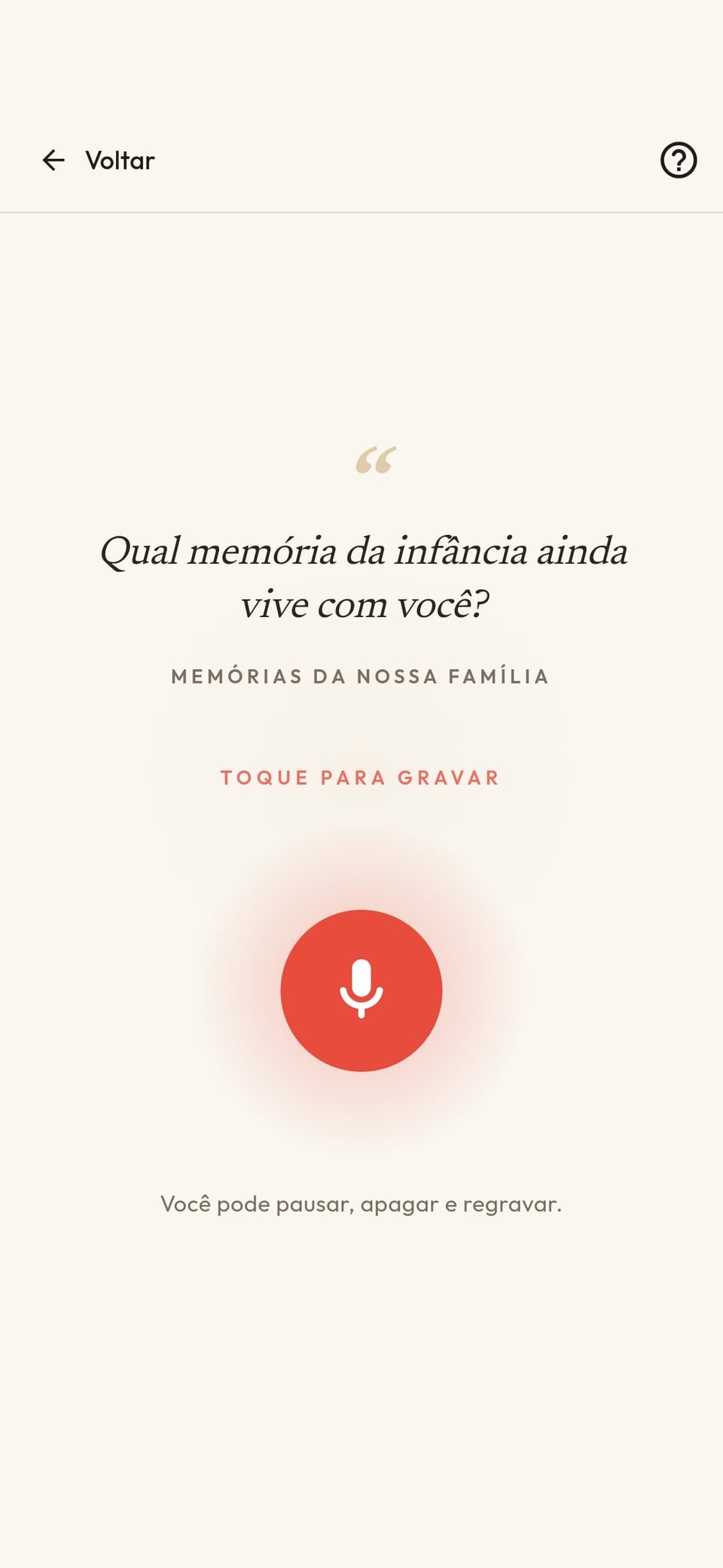 Tela do Relembrando pronta para gravar uma história