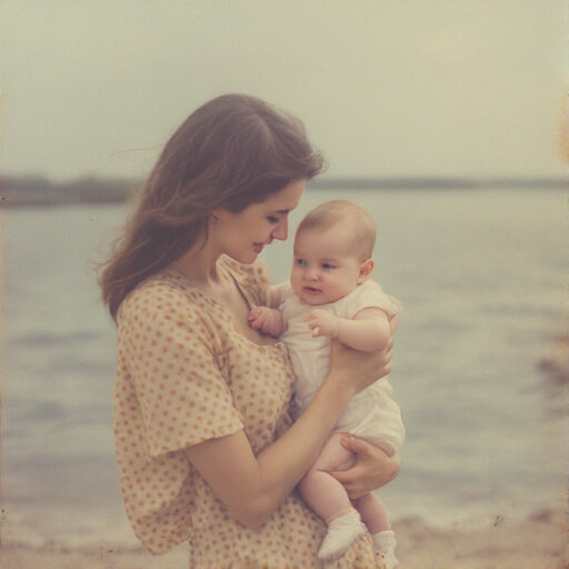 Foto antiga de uma mãe com o bebê no colo à beira-mar