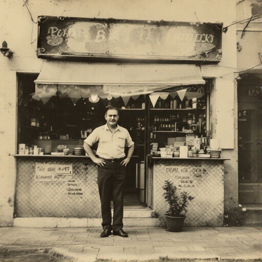 Foto antiga de um homem diante da sua venda